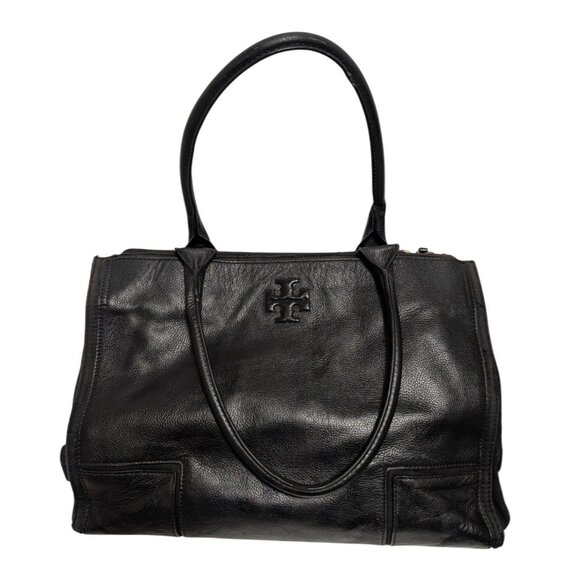 Tory Burch Black Pebbled Leather Ella Large Tote Bag Double Handles Zip Closure - Picture 1 of 14
